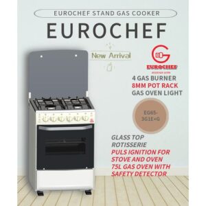 Eurochef EG65-4G+G OVEN Free Stand Glass Top Cooker,Rotisserie,White, 75L