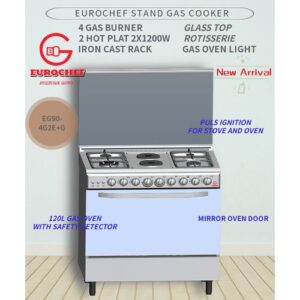 Eurochef EG90-4G2E+G OVEN Glass Top Free Stand Cooker,Rotisserie,120L