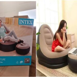 Inflatable seat with foot rest and a pump
